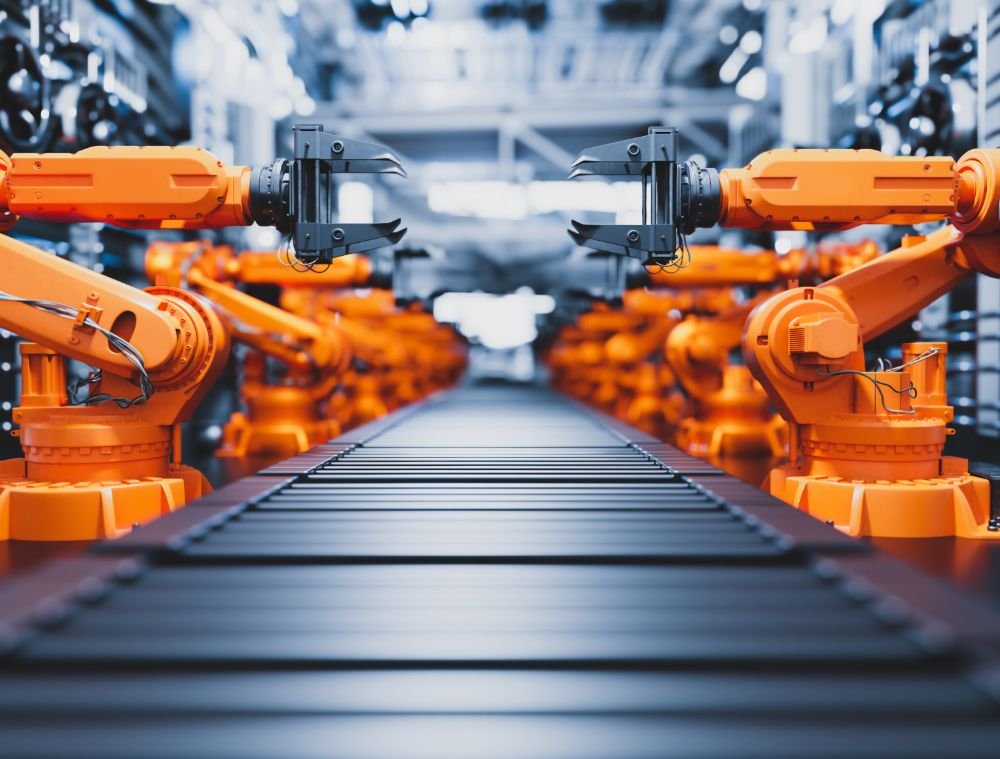 Robotic Arms Along Assembly Line In Modern Factory X4A22ZU 1 12